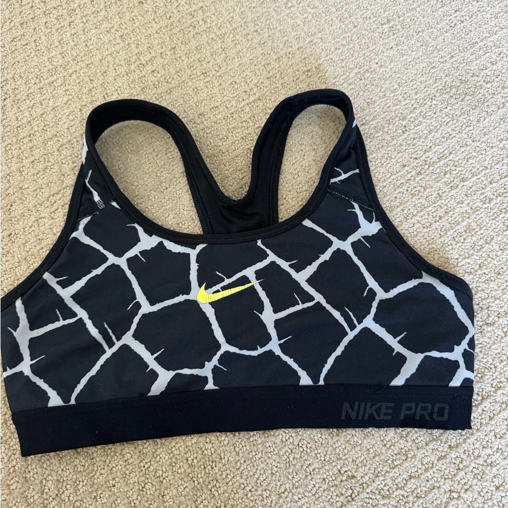 Nike Pro Black and White Sports Bra with Yellow Accent